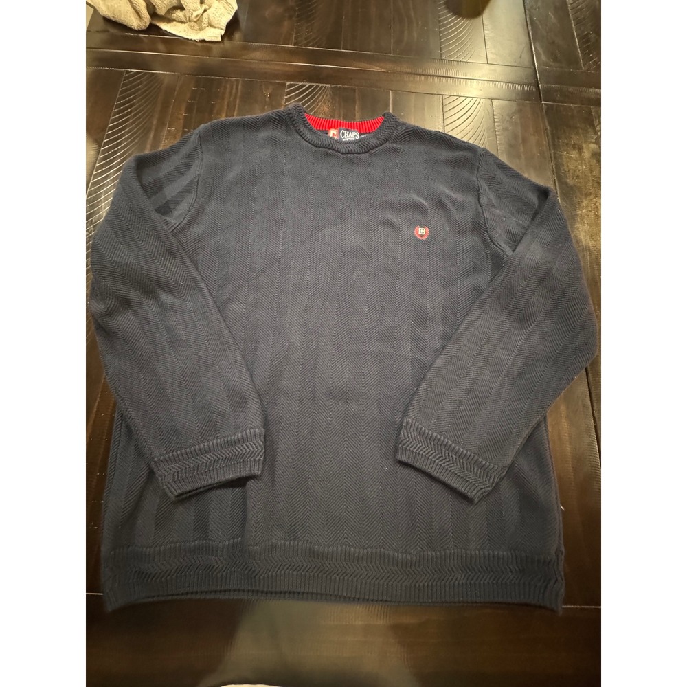 Chaps Mens XL Navy Blue Herringbone 100% Cotton Crewneck Pullover Sweater